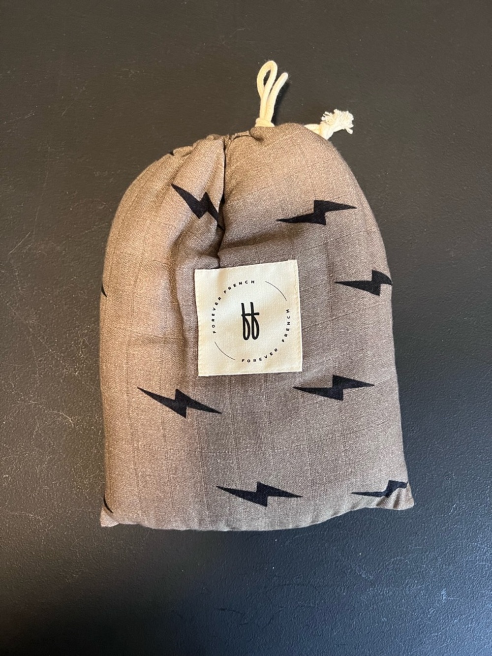 Forever French Kids Drawstring Toy Bag in Brown with Lightning Print